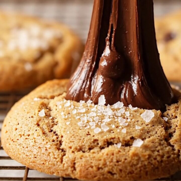 A golden-brown chocolate chip cookie broken open, showing gooey dark chocolate and steam rising