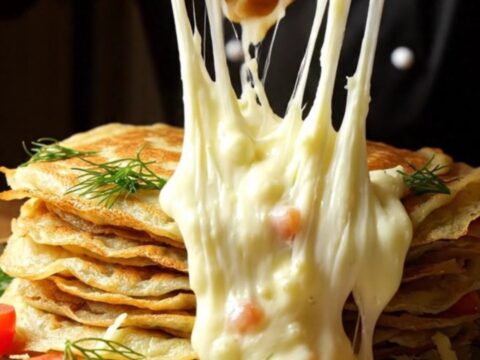 Stack of thick golden Turkish breakfast crepes with melted cheese and herbs, torn open to show filling