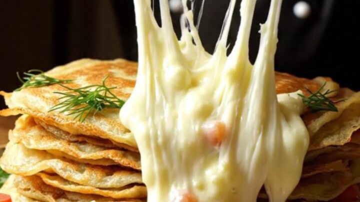Stack of thick golden Turkish breakfast crepes with melted cheese and herbs, torn open to show filling