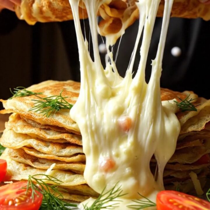 Stack of thick golden Turkish breakfast crepes with melted cheese and herbs, torn open to show filling