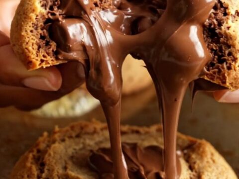 Thick bakery-style chocolate chip cookie broken in half, showing gooey center and melted chocolate chunks