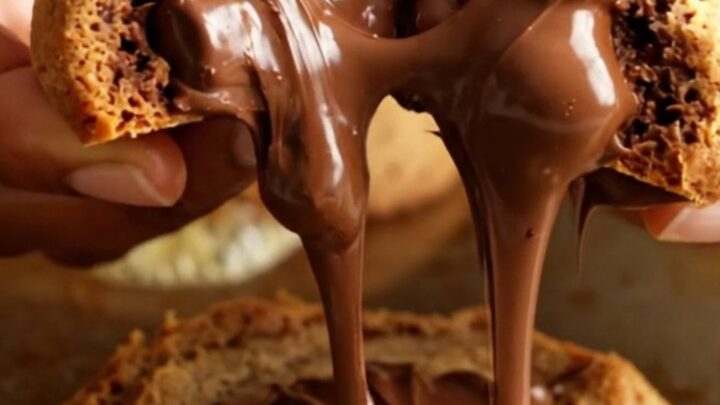 Thick bakery-style chocolate chip cookie broken in half, showing gooey center and melted chocolate chunks