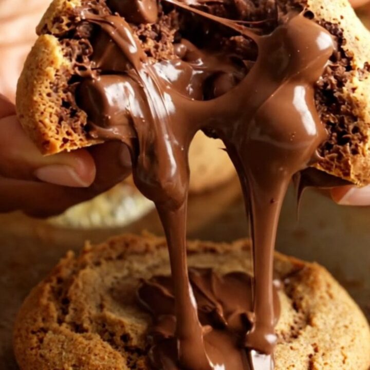 Thick bakery-style chocolate chip cookie broken in half, showing gooey center and melted chocolate chunks