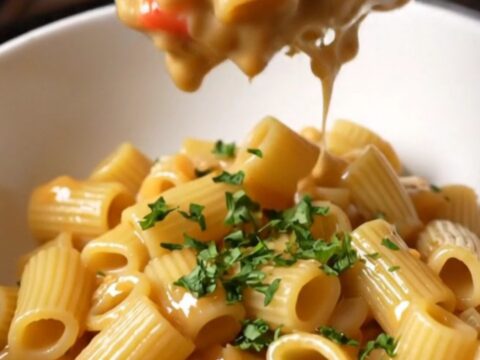 One-pan shell pasta with melted mozzarella in a skillet