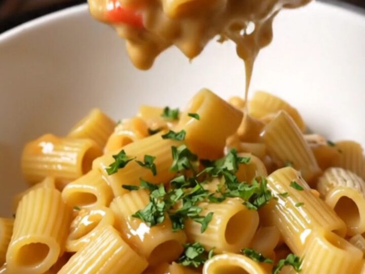 One-pan shell pasta with melted mozzarella in a skillet