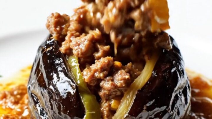 Golden baked Turkish stuffed eggplants with spiced beef filling and tomato sauce