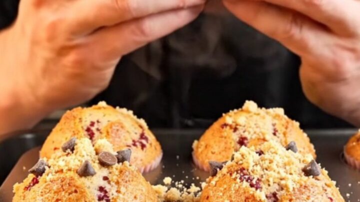 Golden raspberry chocolate chip crumble muffins on a cooling rack