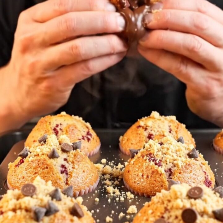 Golden raspberry chocolate chip crumble muffins on a cooling rack