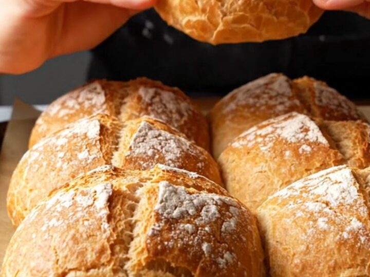 Fresh homemade crusty rolls with a deeply crackled, blistered crust, torn open to show a pillowy honeycomb crumb.