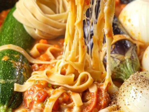 One-skillet tagliatelle with whole vegetables, topped with melted cheese and parsley