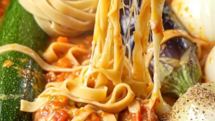 One-skillet tagliatelle with whole vegetables, topped with melted cheese and parsley