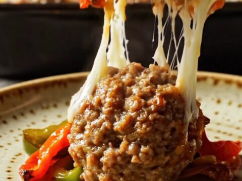 Golden baked meatballs with melted cheese and peppers in a baking dish