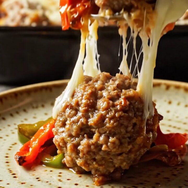 Golden baked meatballs with melted cheese and peppers in a baking dish