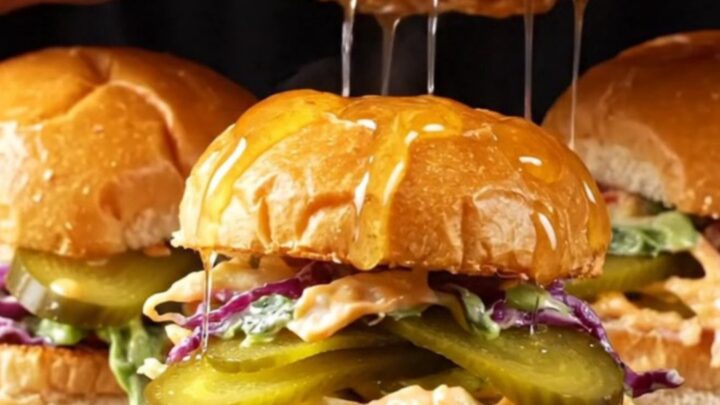Hot honey buttermilk chicken sliders with glossy glaze, pickles, and slaw on toasted brioche