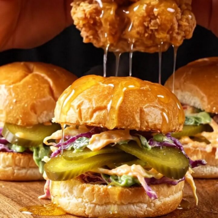 Hot honey buttermilk chicken sliders with glossy glaze, pickles, and slaw on toasted brioche