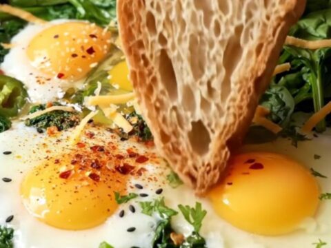 Cast-iron skillet with baby spinach, blistered tomatoes, eggs, and melted cheese, garnished with parsley and nigella seeds