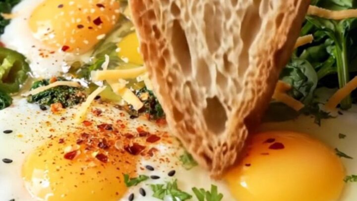 Cast-iron skillet with baby spinach, blistered tomatoes, eggs, and melted cheese, garnished with parsley and nigella seeds
