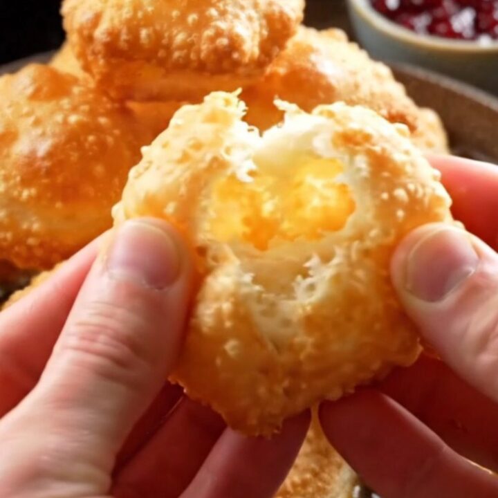 Golden Turkish fried dough pillows piled on a platter, with one torn open to show the airy interior