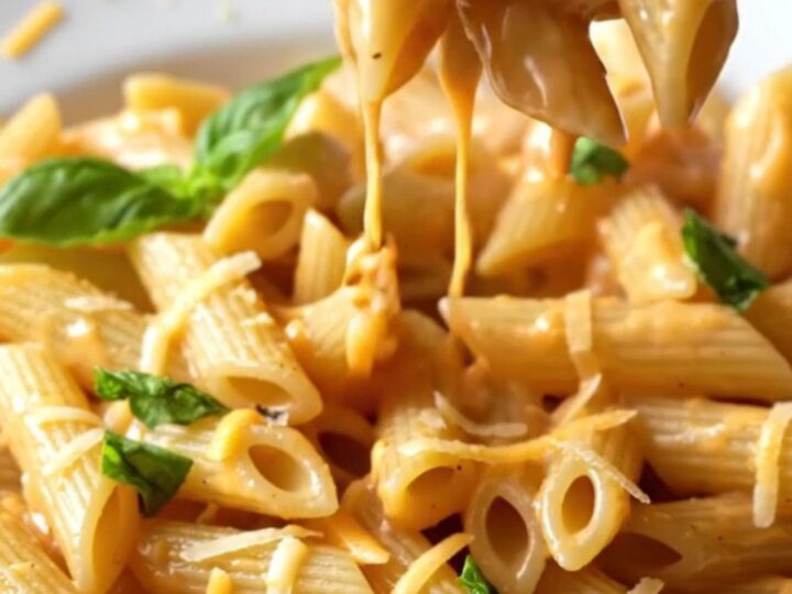A fork lifting a creamy tomato penne pasta with melted cheese and fresh basil garnish