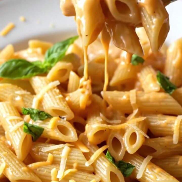 A fork lifting a creamy tomato penne pasta with melted cheese and fresh basil garnish