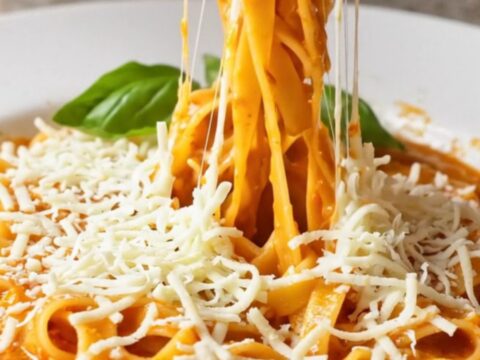 Skillet with fettuccine in glossy vegetable sauce, topped with melted cheese and basil