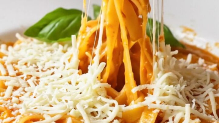 Skillet with fettuccine in glossy vegetable sauce, topped with melted cheese and basil