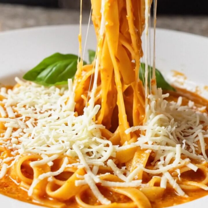 Skillet with fettuccine in glossy vegetable sauce, topped with melted cheese and basil