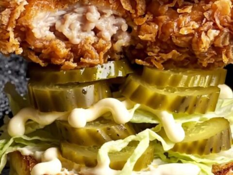 Crispy buttermilk chicken sandwich with golden crunchy coating, topped with pickles and lettuce on a toasted brioche bun