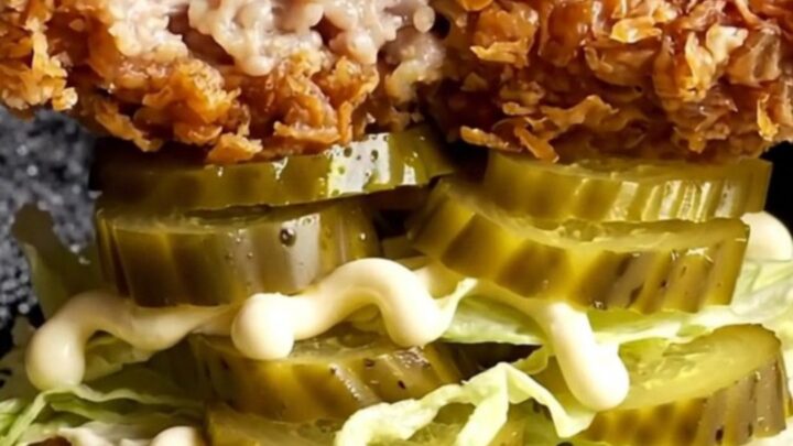 Crispy buttermilk chicken sandwich with golden crunchy coating, topped with pickles and lettuce on a toasted brioche bun