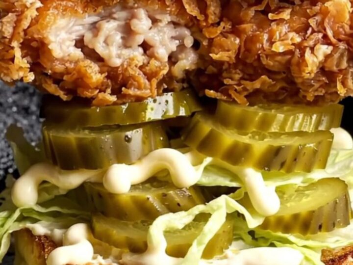 Crispy buttermilk chicken sandwich with golden crunchy coating, topped with pickles and lettuce on a toasted brioche bun