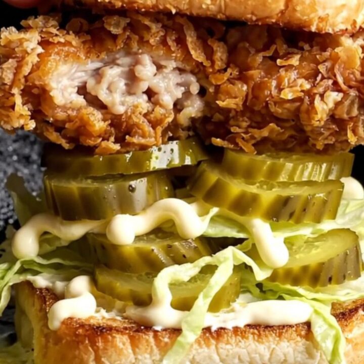 Crispy buttermilk chicken sandwich with golden crunchy coating, topped with pickles and lettuce on a toasted brioche bun