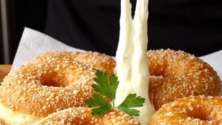 Golden crispy chicken and potato doughnuts with melted cheese pull