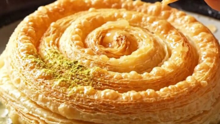 Warm Katmer with shattering crispy layers on a plate