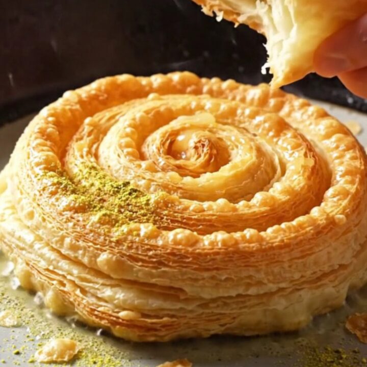 Warm Katmer with shattering crispy layers on a plate