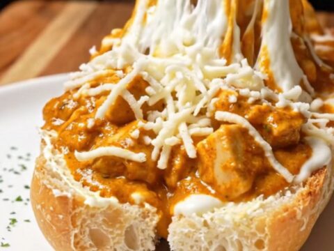 Loaded baguette with butter chicken and melted mozzarella, golden and bubbling