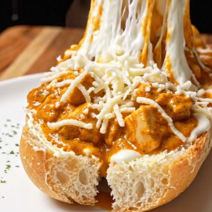 Loaded baguette with butter chicken and melted mozzarella, golden and bubbling