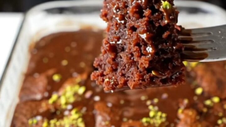 A square of chocolate cake soaked in glossy fudge sauce, topped with crushed pistachios, on a plate.