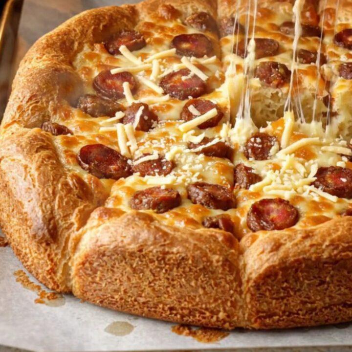 Golden sheet pan breakfast cake with melted cheese and sucuk slices, cut into squares
