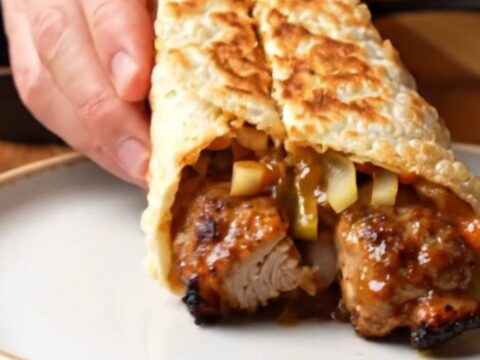 Crispy chicken kebab wrap sliced diagonally, showing juicy charred chicken, garlic sauce, and pickles.