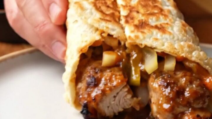 Crispy chicken kebab wrap sliced diagonally, showing juicy charred chicken, garlic sauce, and pickles.