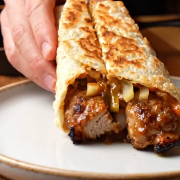 Crispy chicken kebab wrap sliced diagonally, showing juicy charred chicken, garlic sauce, and pickles.