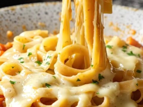 One-pan tagliatelle with melted mozzarella and parsley in a skillet, cheese pull visible.