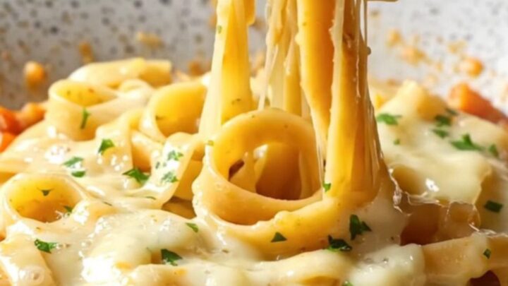 One-pan tagliatelle with melted mozzarella and parsley in a skillet, cheese pull visible.