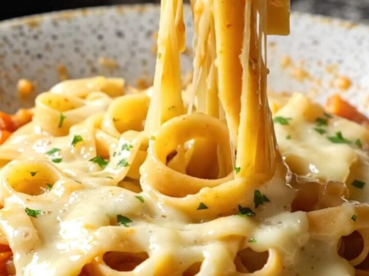 One-pan tagliatelle with melted mozzarella and parsley in a skillet, cheese pull visible.