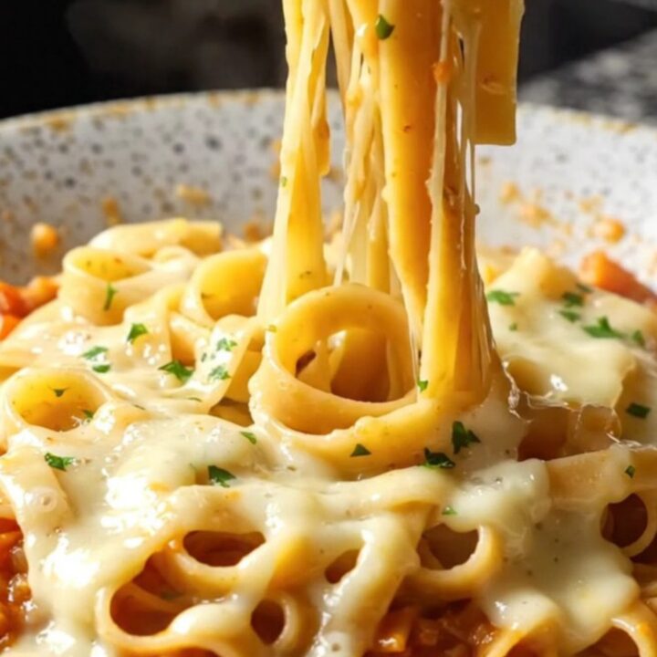 One-pan tagliatelle with melted mozzarella and parsley in a skillet, cheese pull visible.