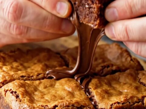 Golden brown butter chocolate chip blondies cut into squares with melted chocolate chips visible
