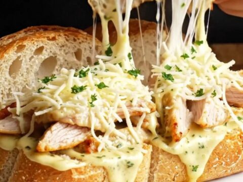 Crispy chicken Alfredo garlic bread with melted mozzarella and a cheese pull