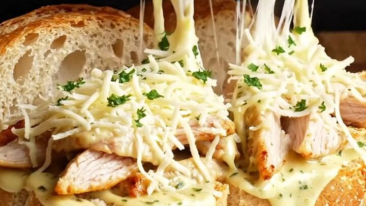 Crispy chicken Alfredo garlic bread with melted mozzarella and a cheese pull