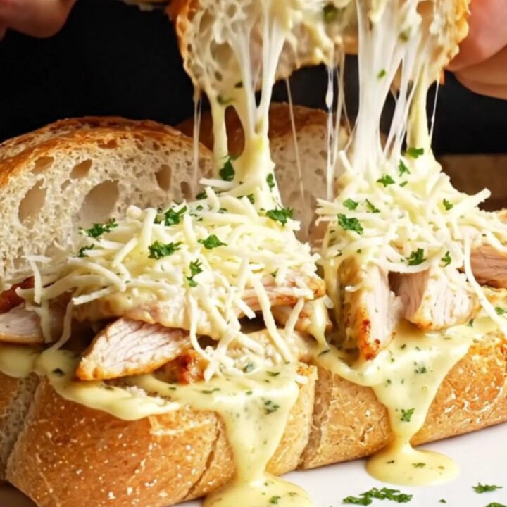 Crispy chicken Alfredo garlic bread with melted mozzarella and a cheese pull
