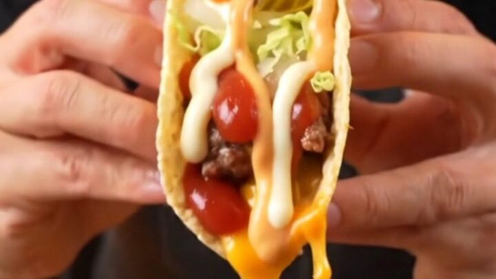 Big Mac Smash Burger Tacos topped with lettuce, pickles, and secret sauce on a plate.